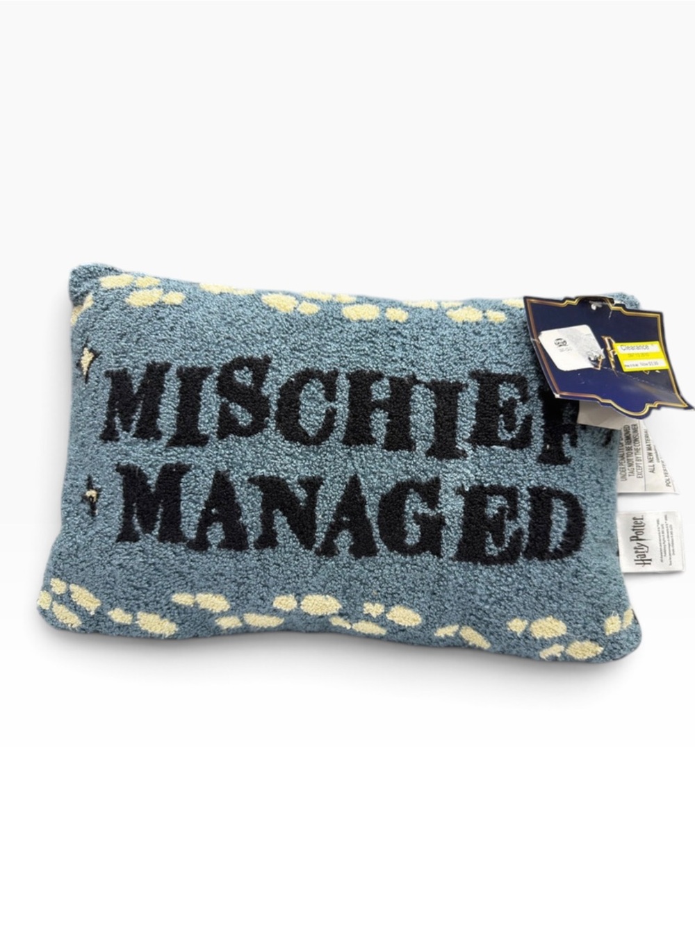 Harry Potter Mischief Managed Throw Pillow 15x9 Blue Gold Footprints NWT